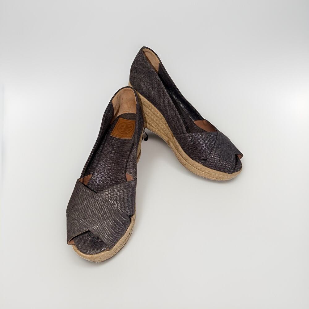Tory Burch 10B Filipa Metallic Pewter Crisscross Peep Toe Espadrille Wedge JB2